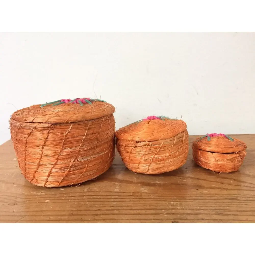 Set 3 Vintage Asian Handmade Woven Orange Straw Nesting Decorative Baskets 3.5
